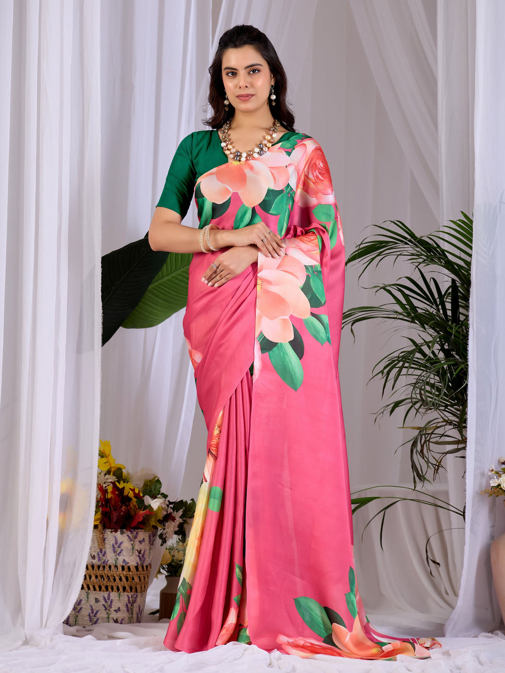 Pink Satin Georgette Printed Saree with Contrast Green Blouse