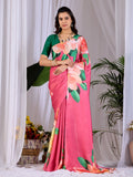 Pink Satin Georgette Printed Saree with Contrast Green Blouse