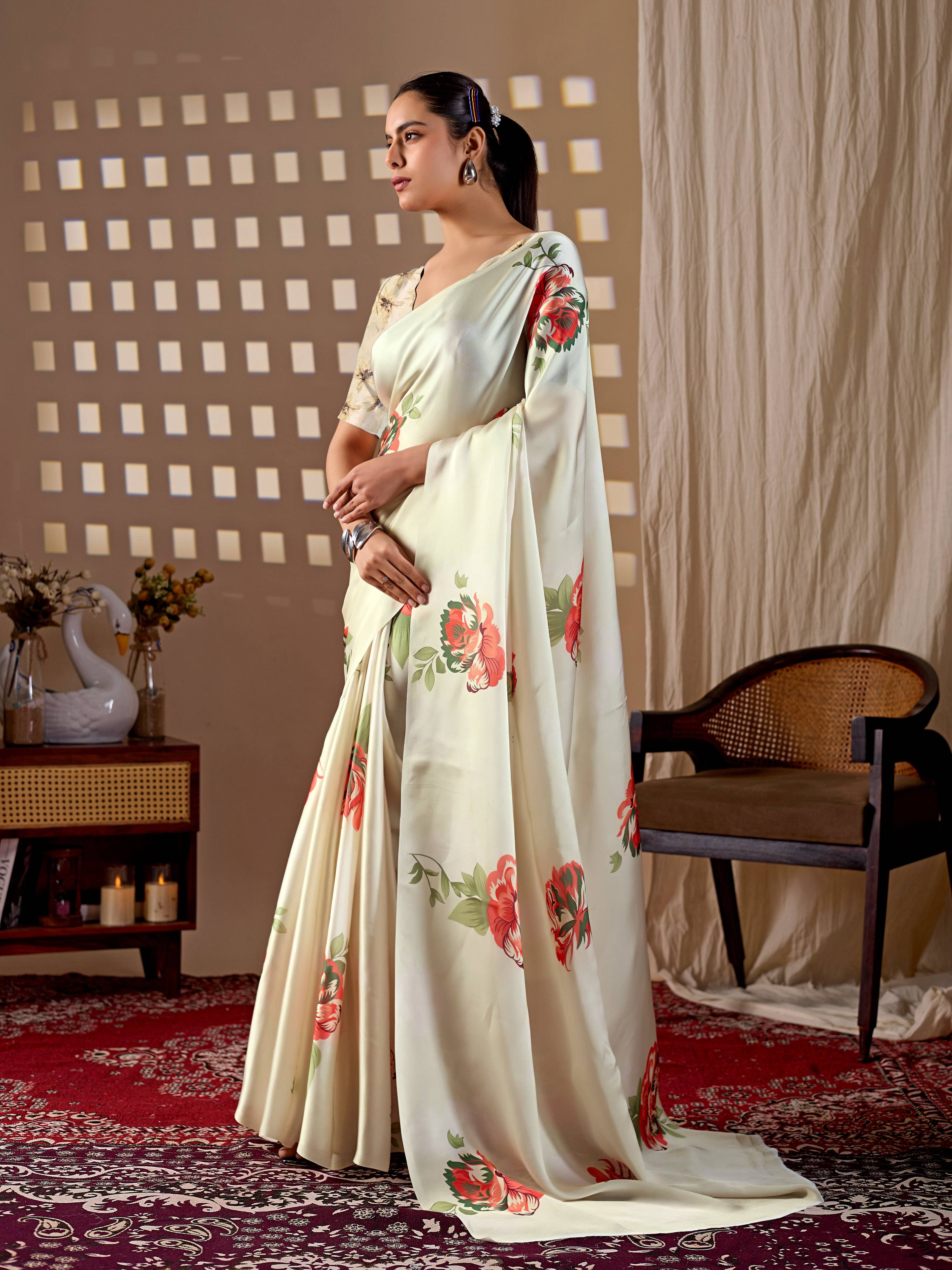 Cream Soft Satin Georgette Printed Saree with Matching Blouse