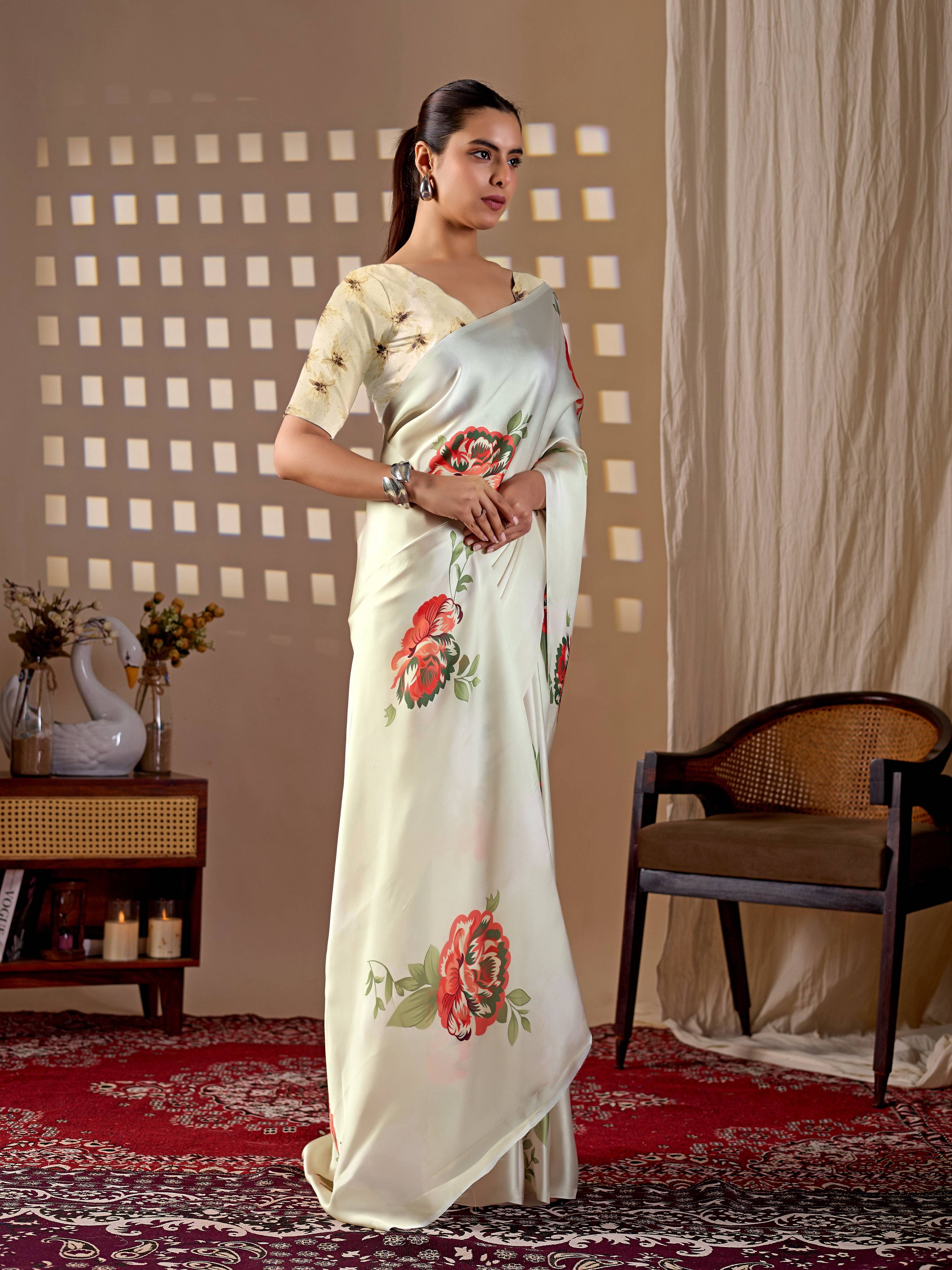 Cream Soft Satin Georgette Printed Saree with Matching Blouse