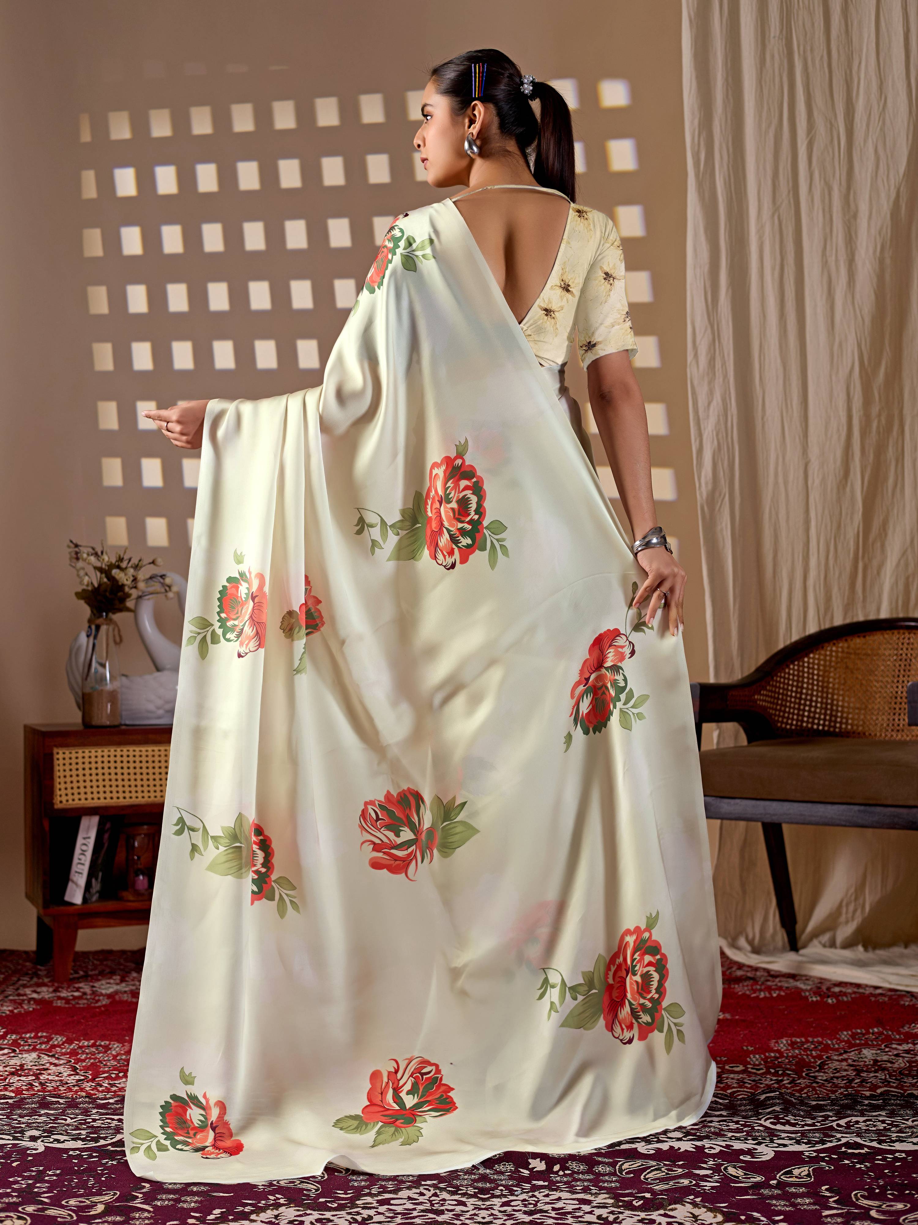 Cream Soft Satin Georgette Printed Saree with Matching Blouse