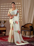 Cream soft satin georgette printed saree with matching blouse