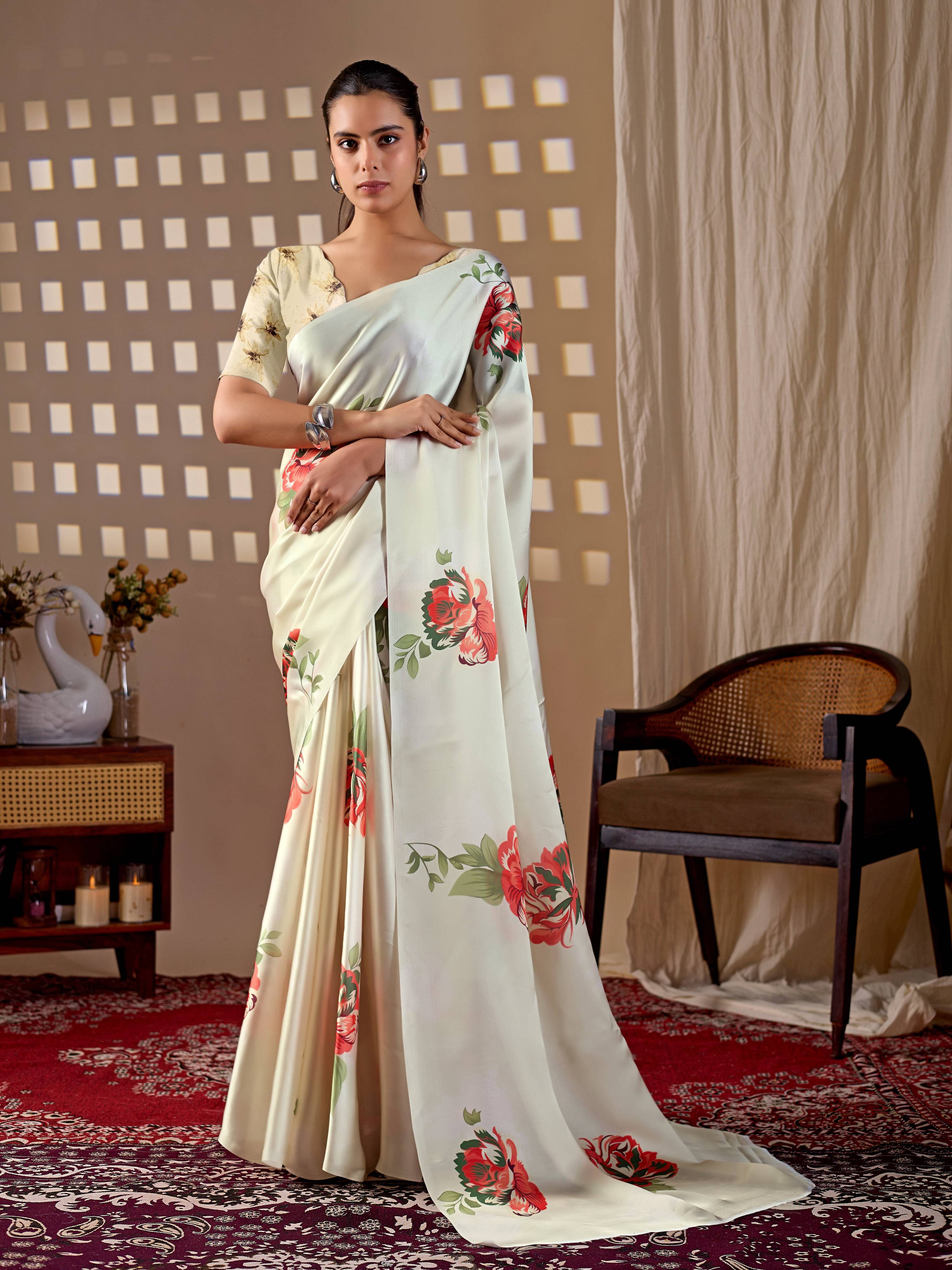 Cream soft satin georgette printed saree with matching blouse