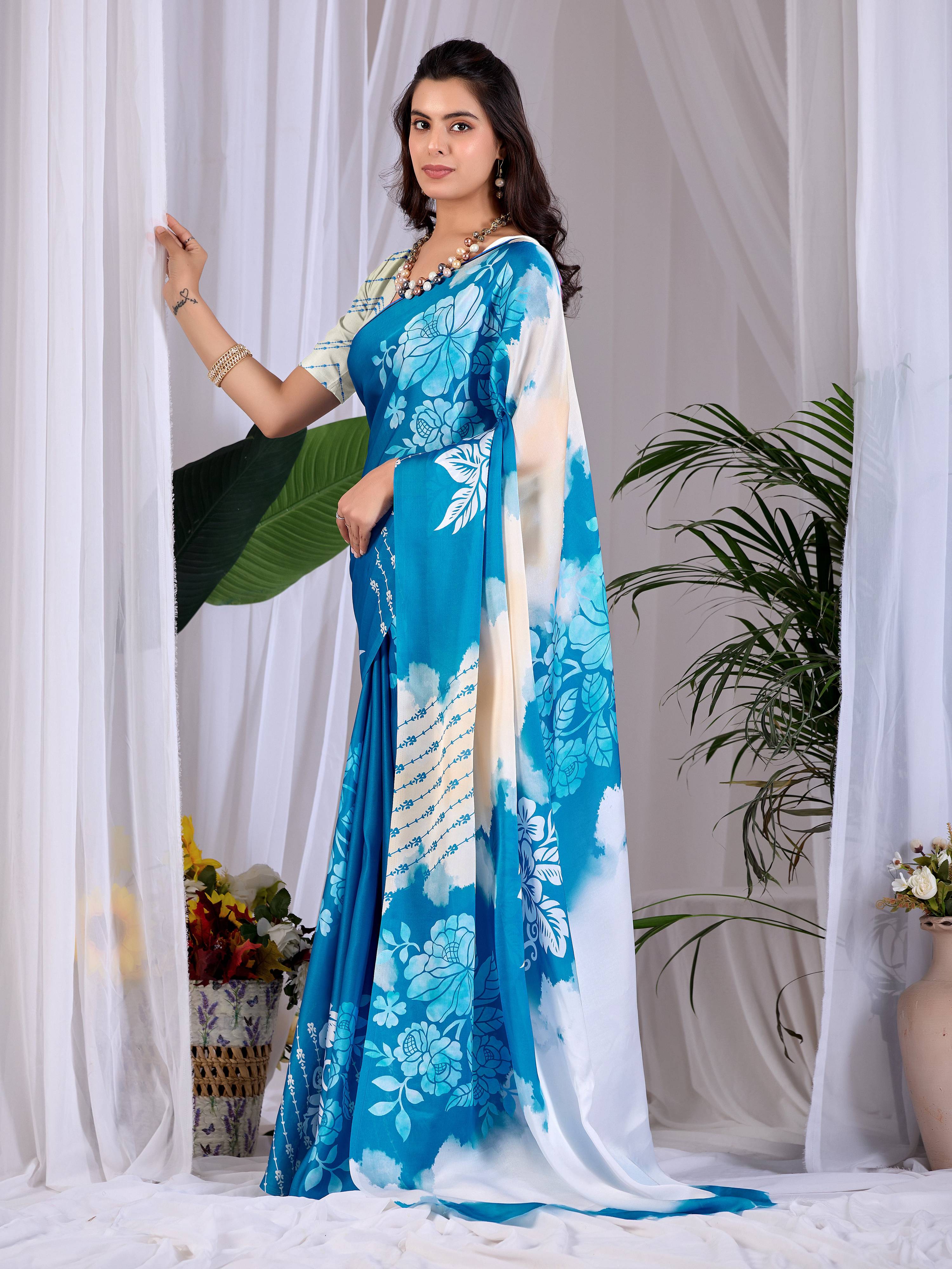 Teal Blue Soft Satin Georgette Printed Saree with Cream Blouse