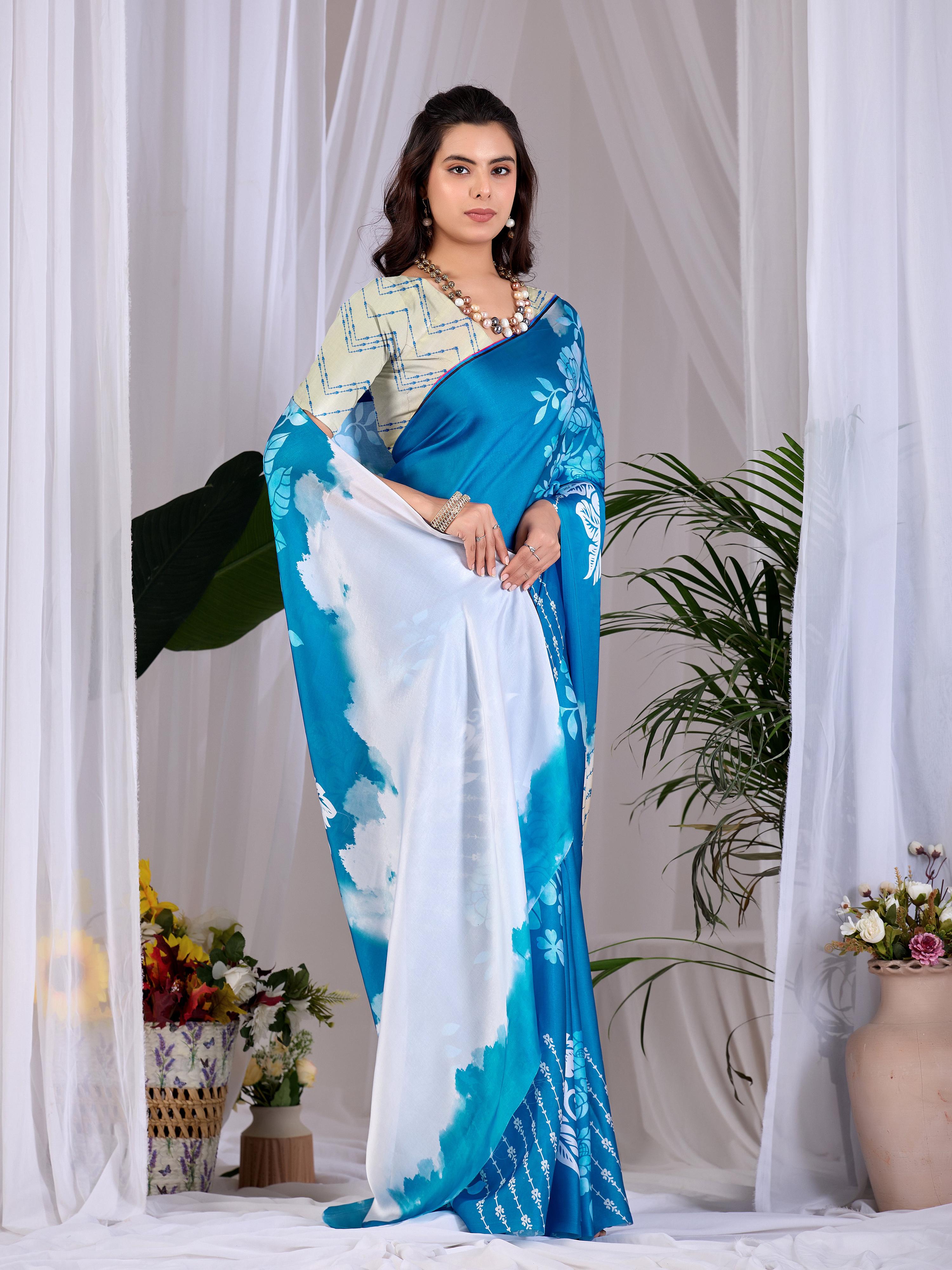 Teal Blue Soft Satin Georgette Printed Saree with Cream Blouse
