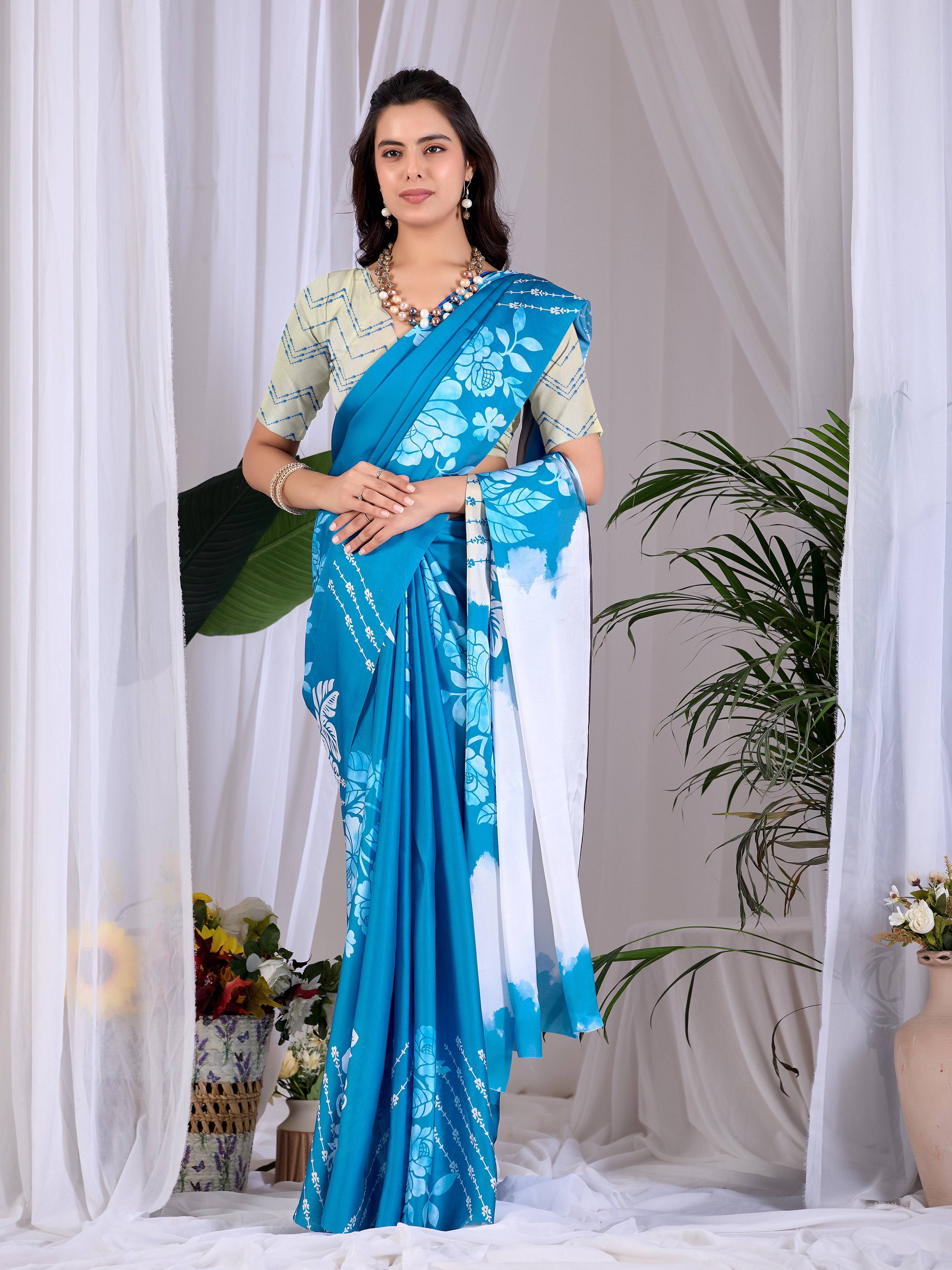 Teal Blue Soft Satin Georgette Printed Saree with Cream Blouse