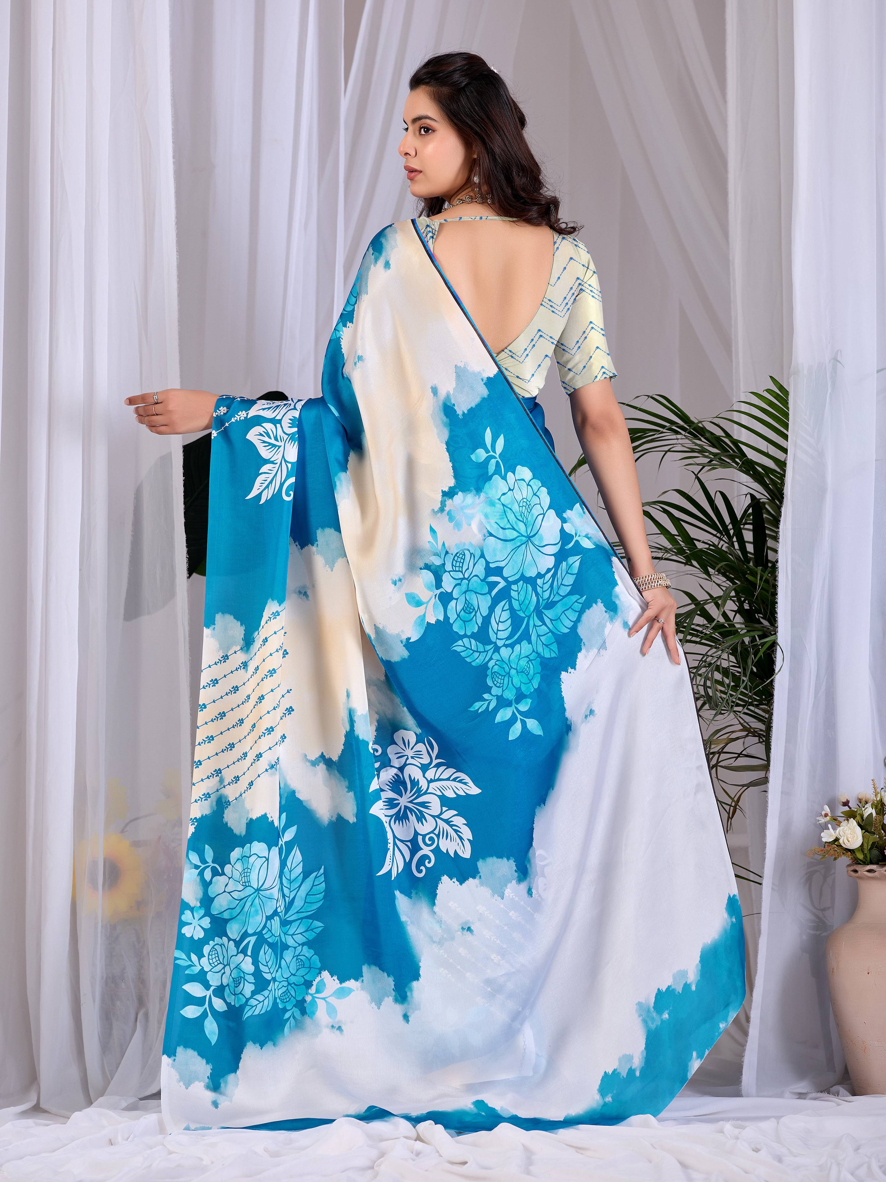 Teal Blue Soft Satin Georgette Printed Saree with Cream Blouse