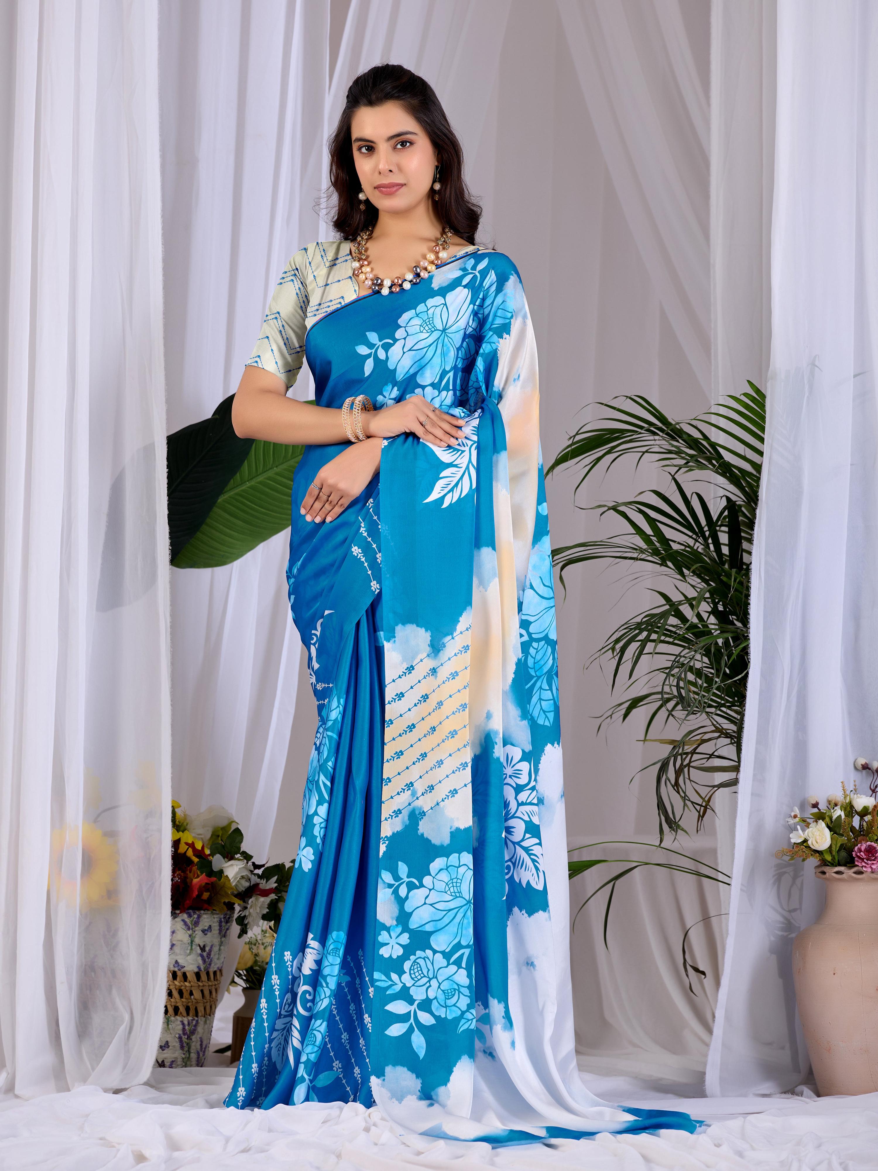 Teal Blue soft satin georgette printed saree with cream blouse
