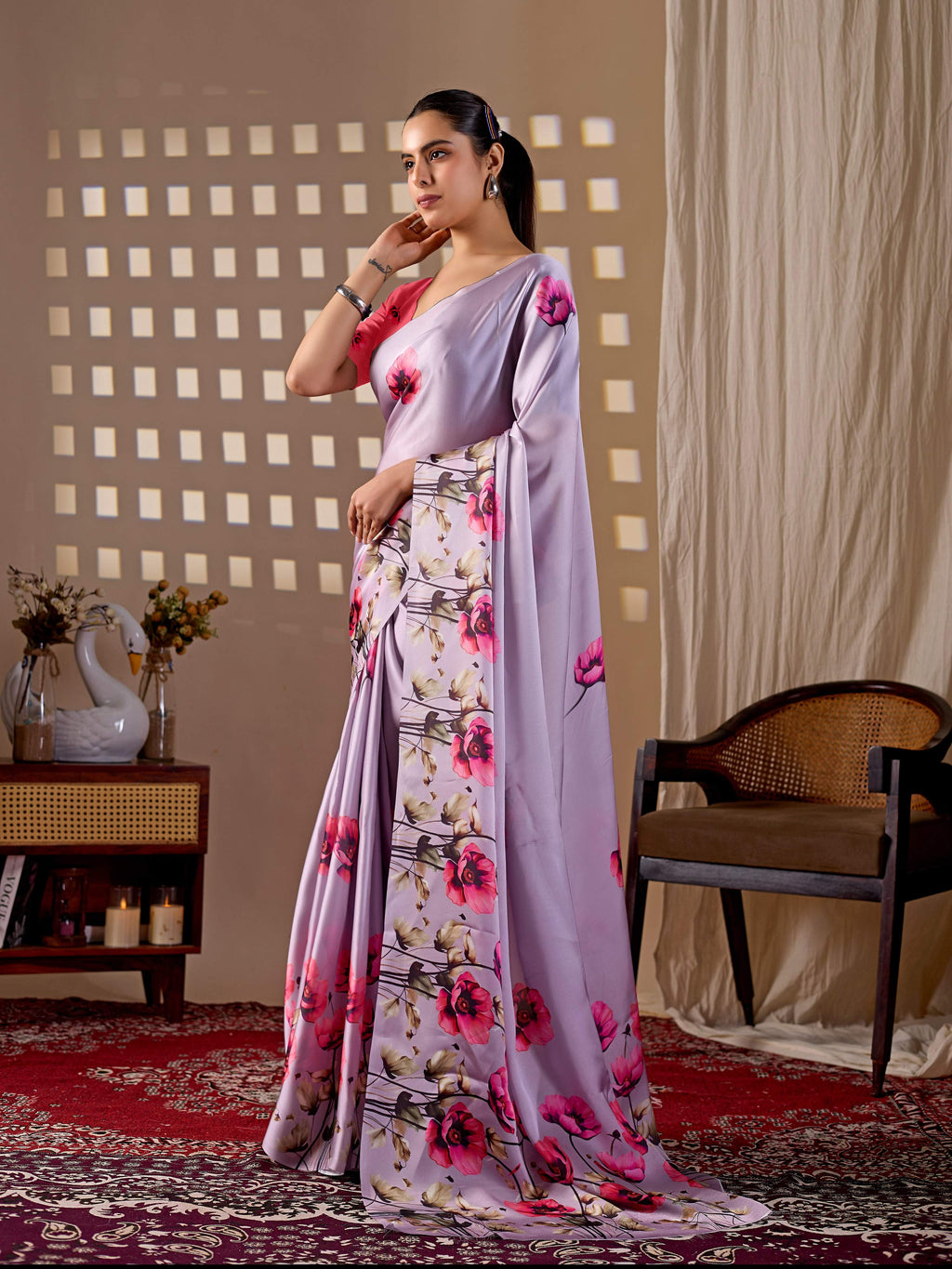 Lavender Soft Satin Georgette Printed Saree with Contrast Blouse