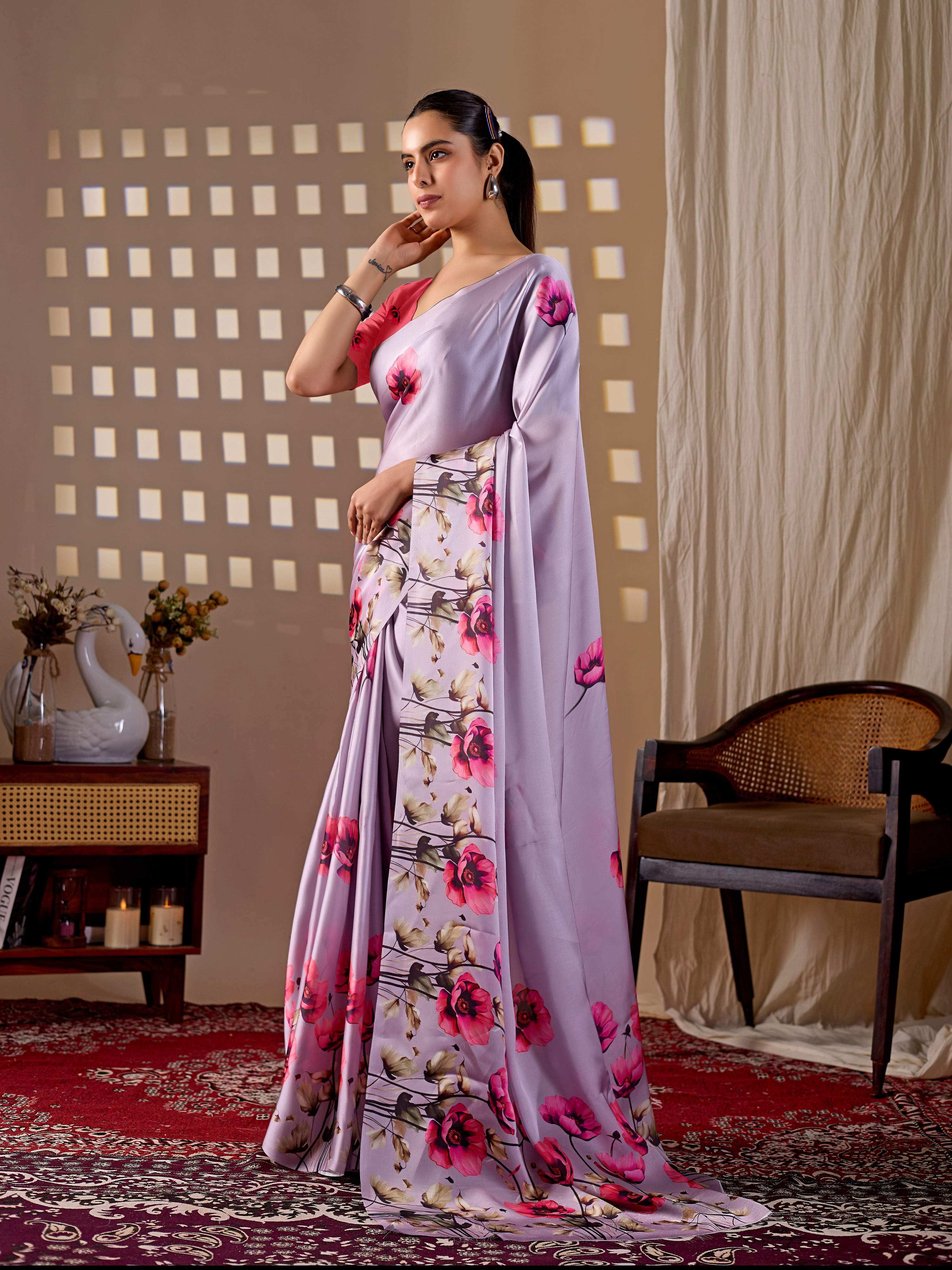 Lavender Soft Satin Georgette Printed Saree with Contrast Blouse