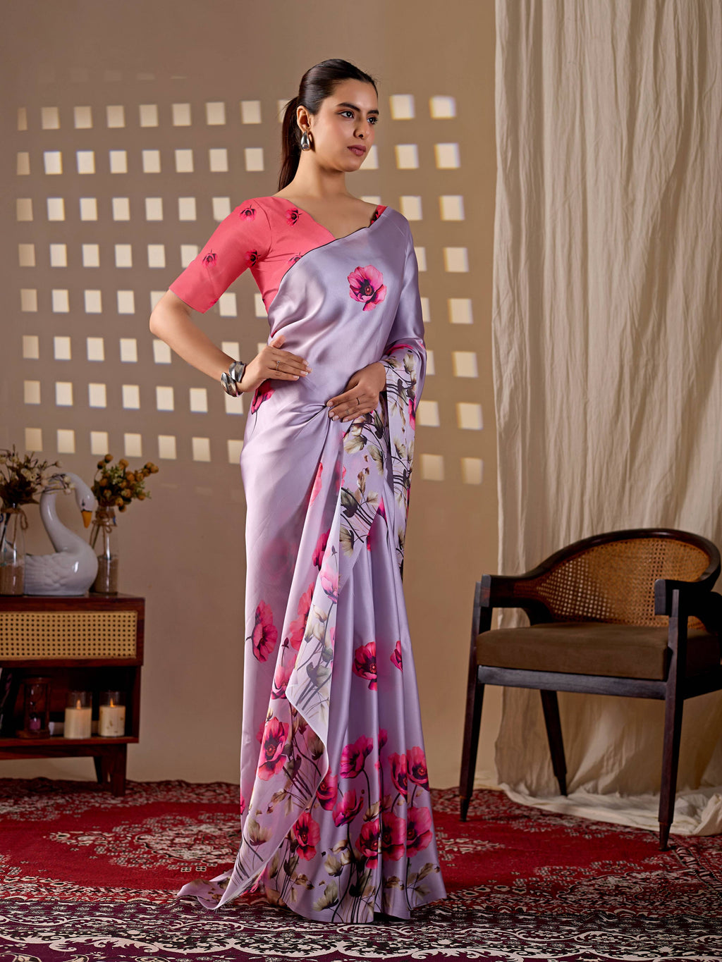 Lavender Soft Satin Georgette Printed Saree with Contrast Blouse