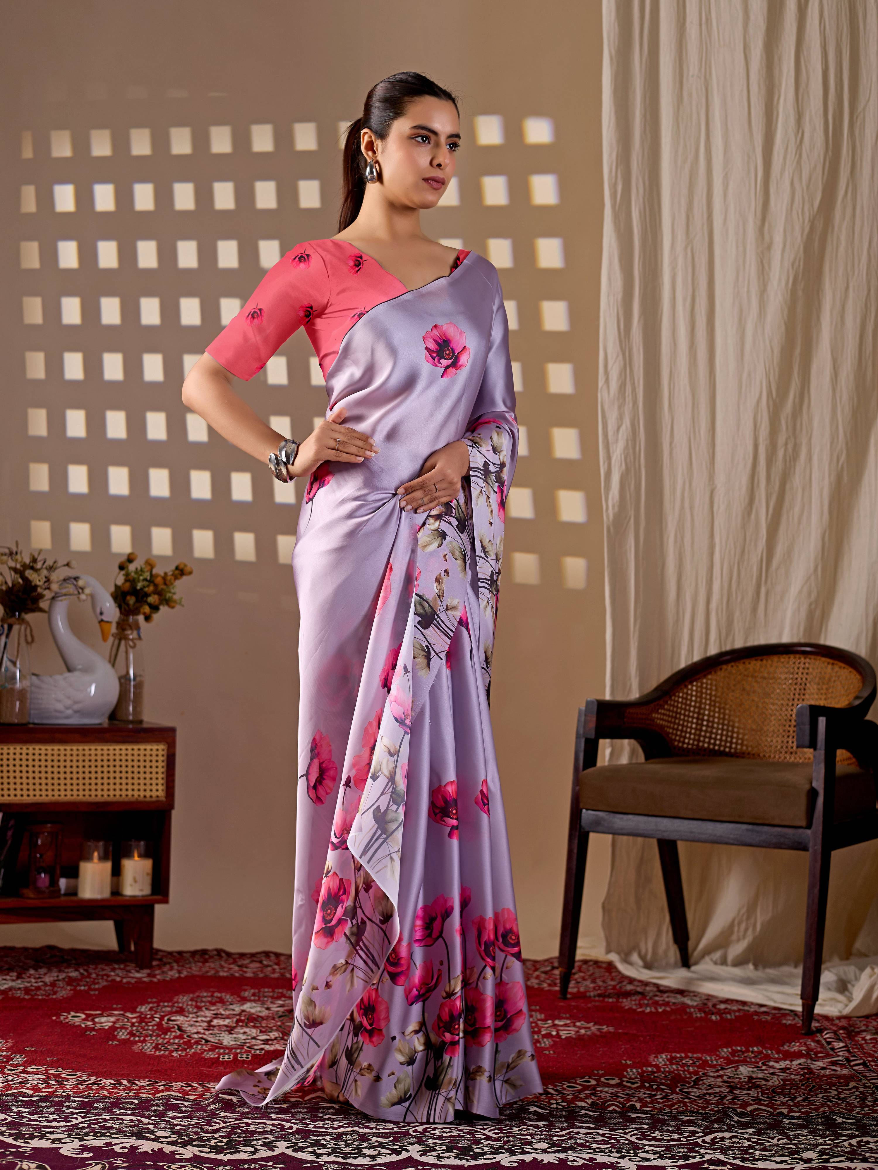 Lavender Soft Satin Georgette Printed Saree with Contrast Blouse