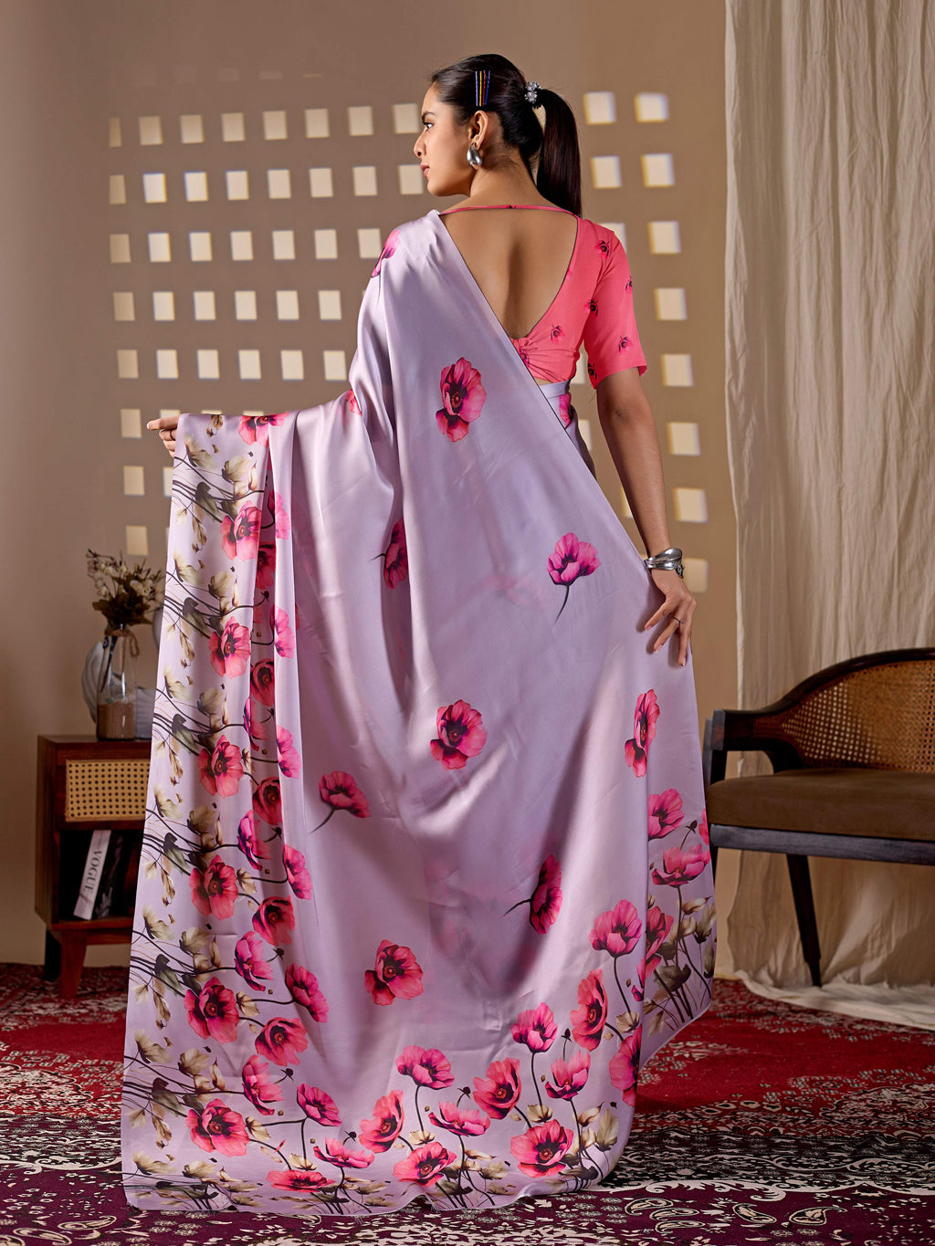 Lavender Soft Satin Georgette Printed Saree with Contrast Blouse