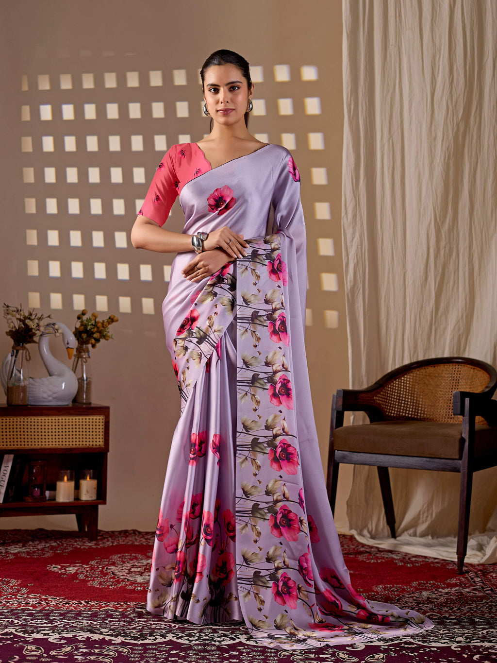 Lavender soft satin georgette printed saree with dark peach blouse