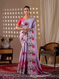 Lavender soft satin georgette printed saree with dark peach blouse