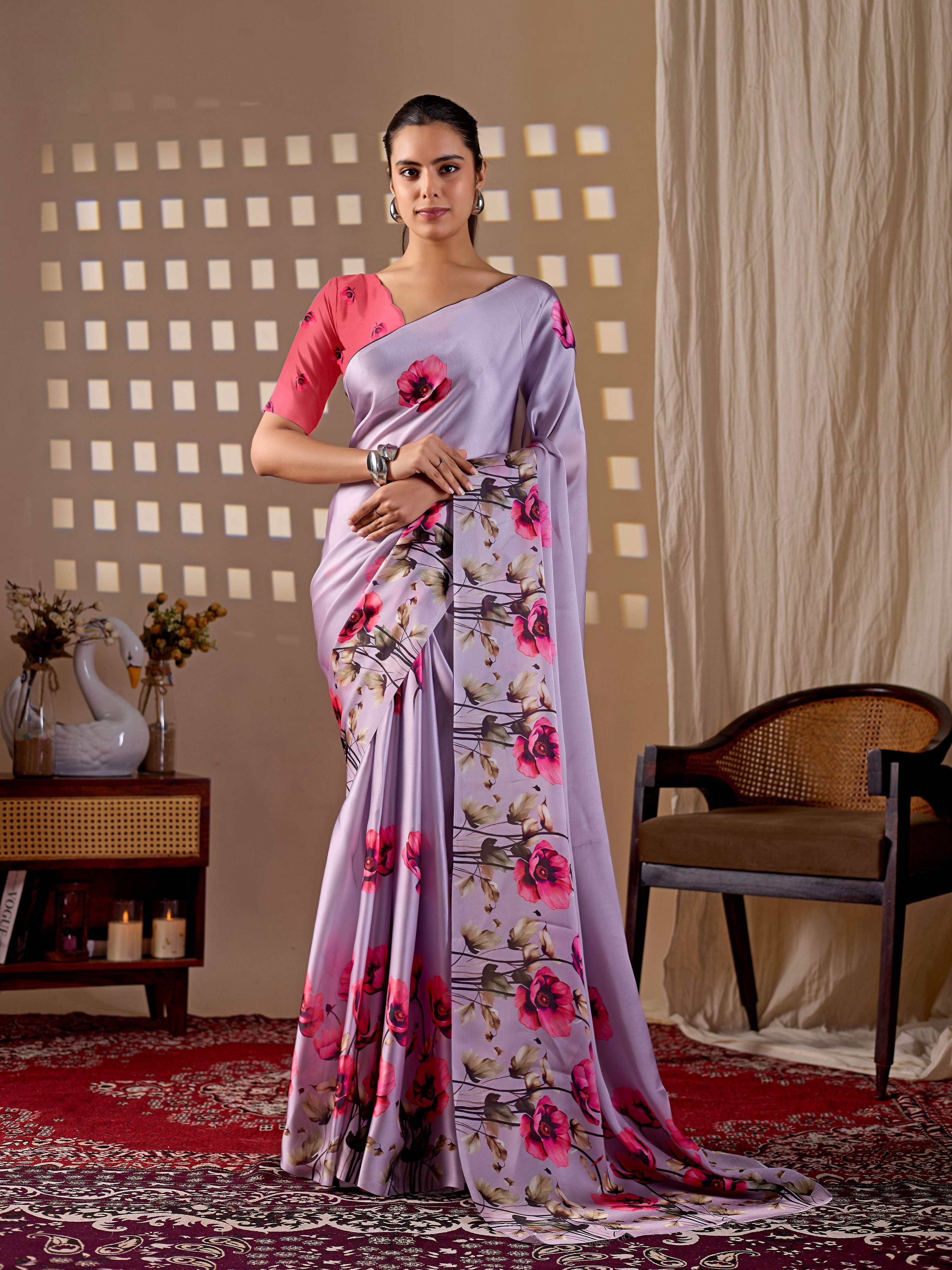 Lavender soft satin georgette printed saree with dark peach blouse
