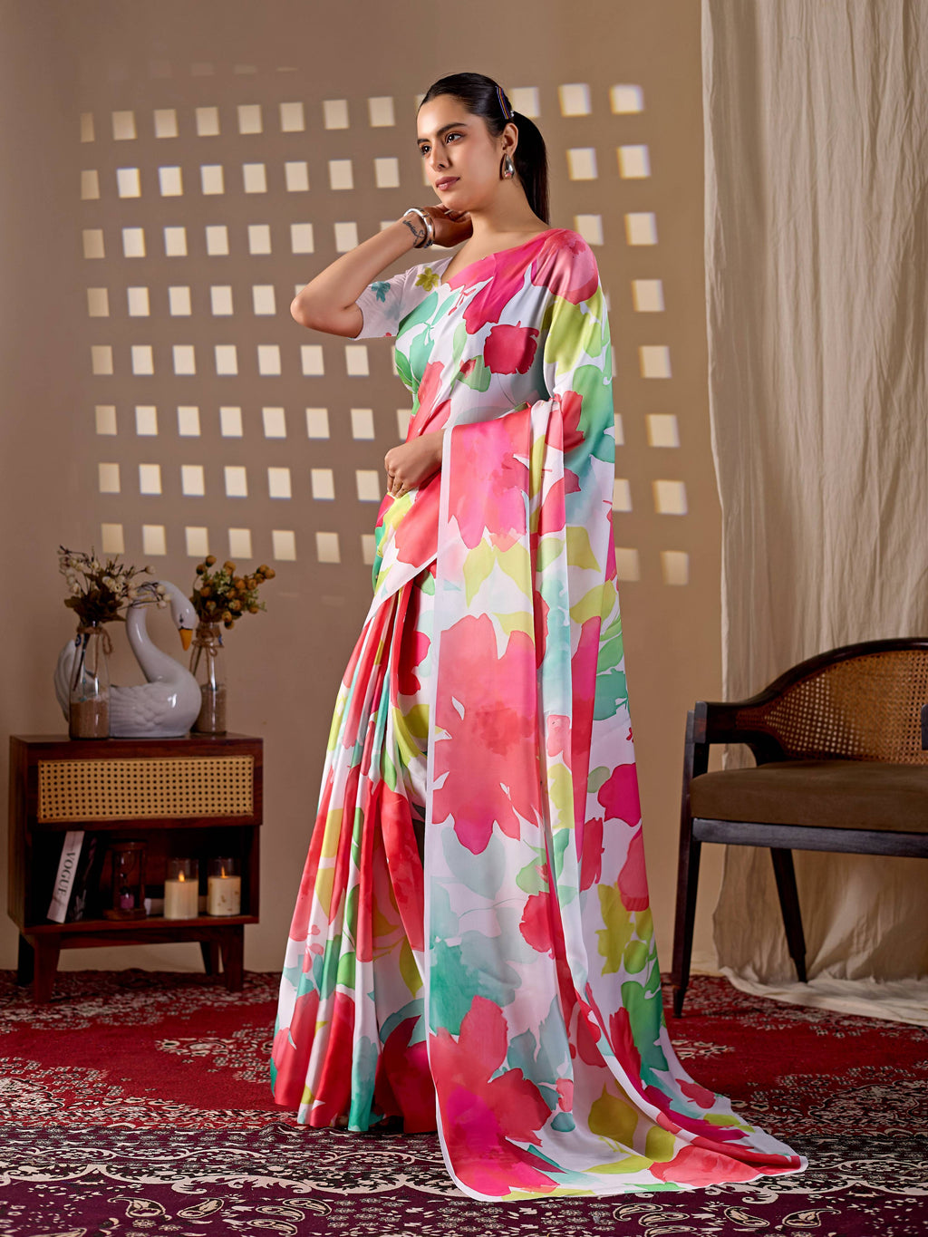 Multi-Color Soft Satin Georgette Printed Saree for Women