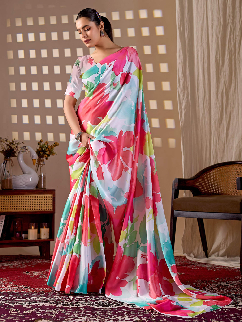 Multi-Color Soft Satin Georgette Printed Saree for Women