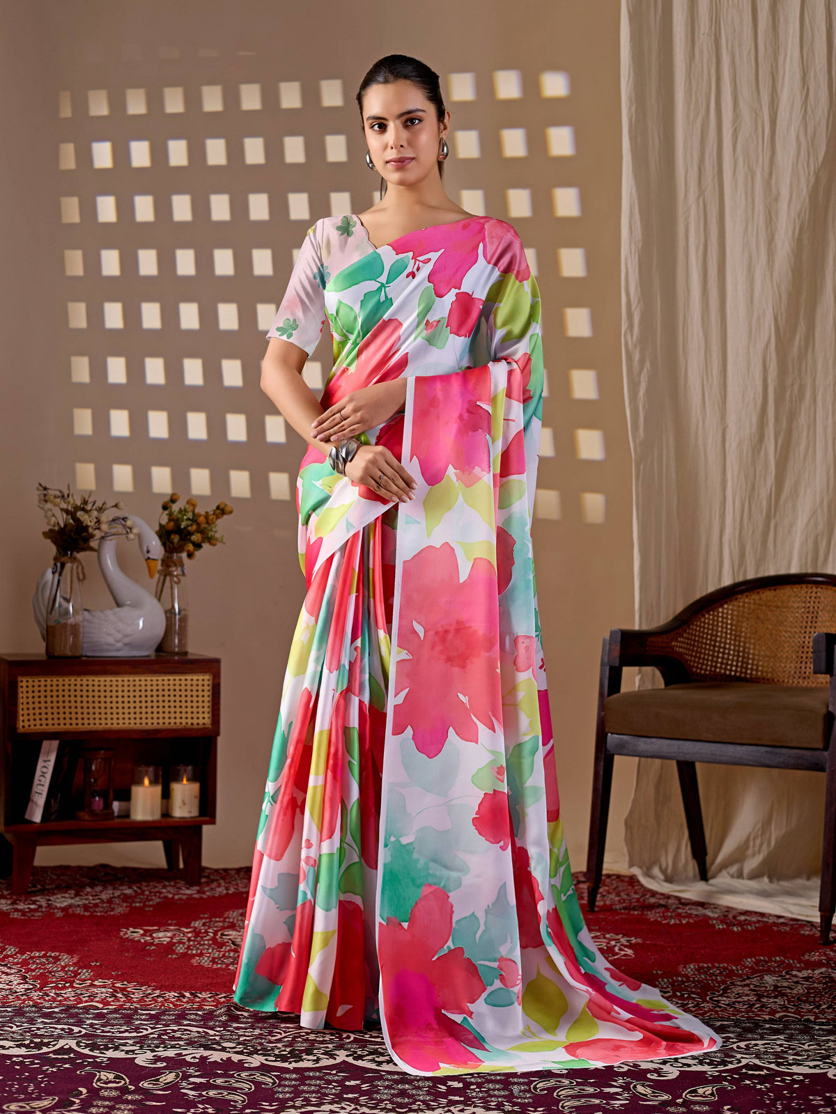 A beautiful multi-color soft satin georgette printed saree with elegant draping.