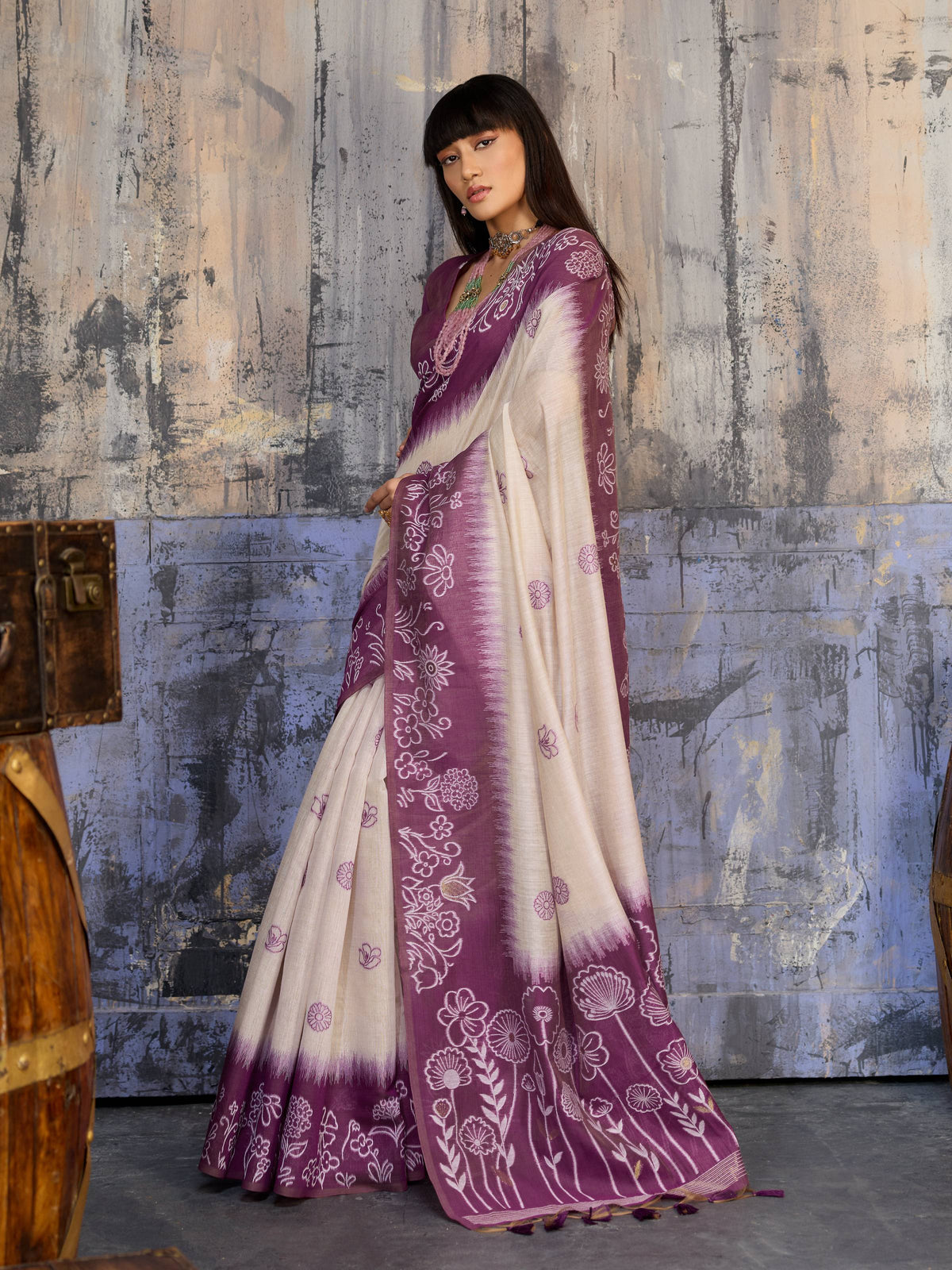Purple Munga Cotton Printed Saree with Matching Blouse