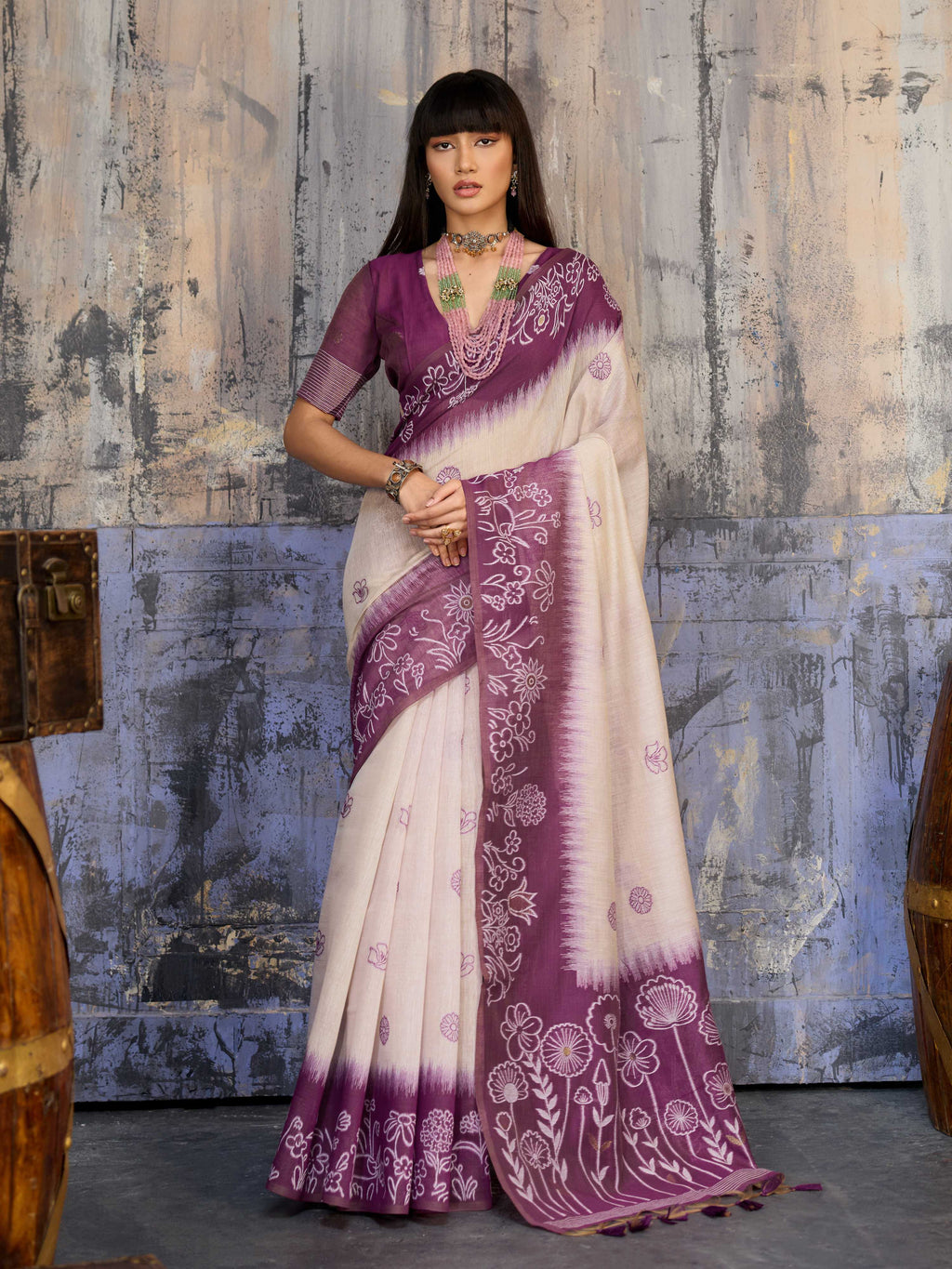 Purple munga cotton printed saree featuring an elegant pattern