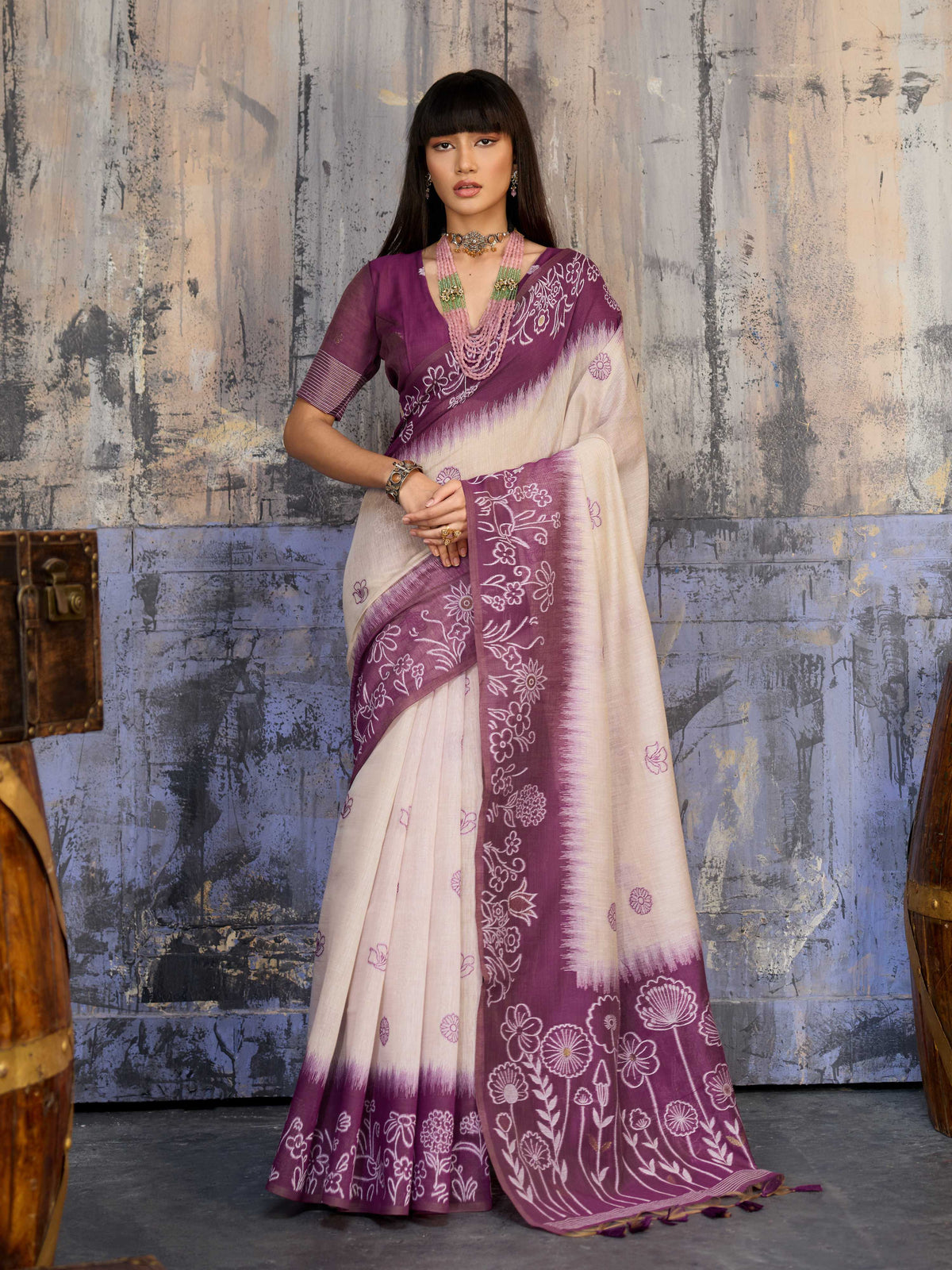 Purple munga cotton printed saree featuring an elegant pattern