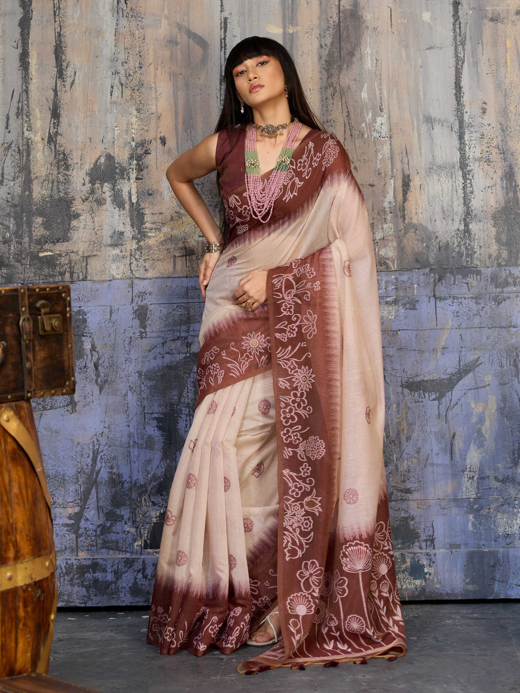 Brown Munga Cotton Printed Saree with Matching Blouse