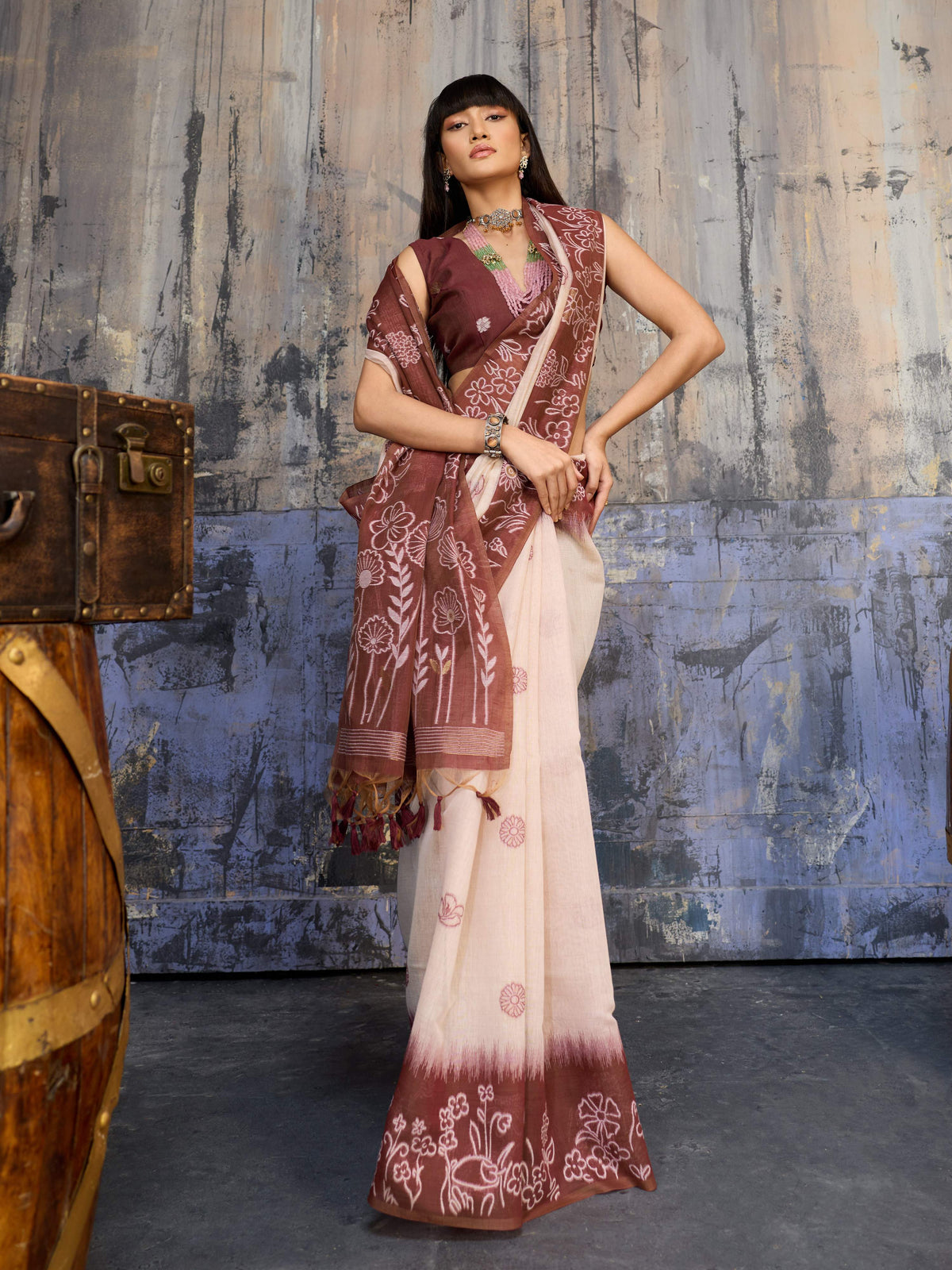 Brown Munga Cotton Printed Saree with Matching Blouse