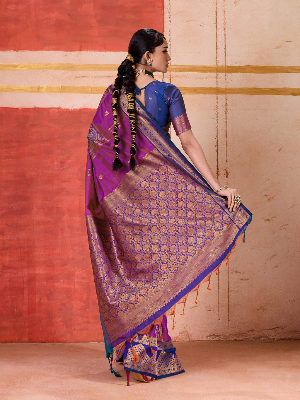 Magenta Pure Silk Handloom Saree with Contrast Blue Blouse