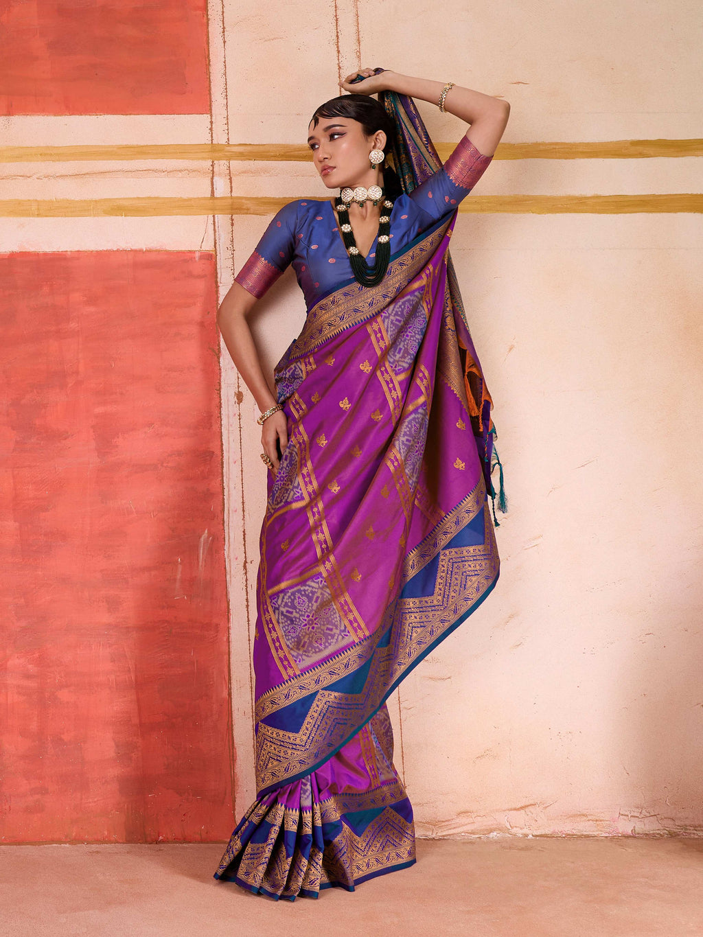 Magenta Pure Silk Handloom Saree with Contrast Blue Blouse