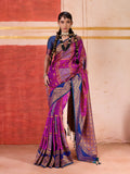 Aastha Fashion magenta pure silk handloom saree with a contrast blue blouse