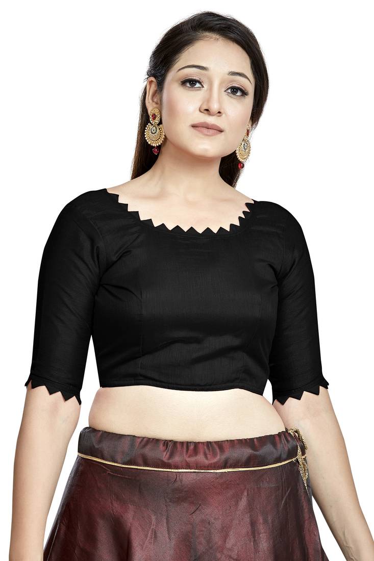 Black art silk readymade boat neck blouse for women, elegant saree top