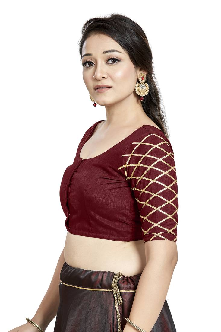 Maroon Art Silk Boat Neck Readymade Blouse