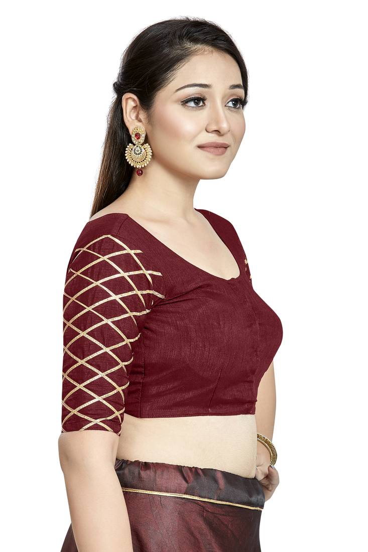 Maroon Art Silk Boat Neck Readymade Blouse