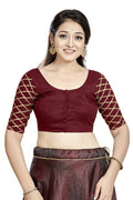 Maroon art silk boat neck blouse, readymade saree top for festive occasions