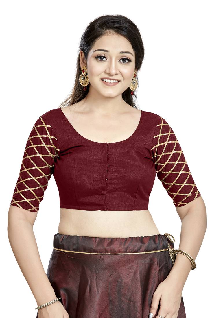 Maroon art silk boat neck blouse, readymade saree top for festive occasions