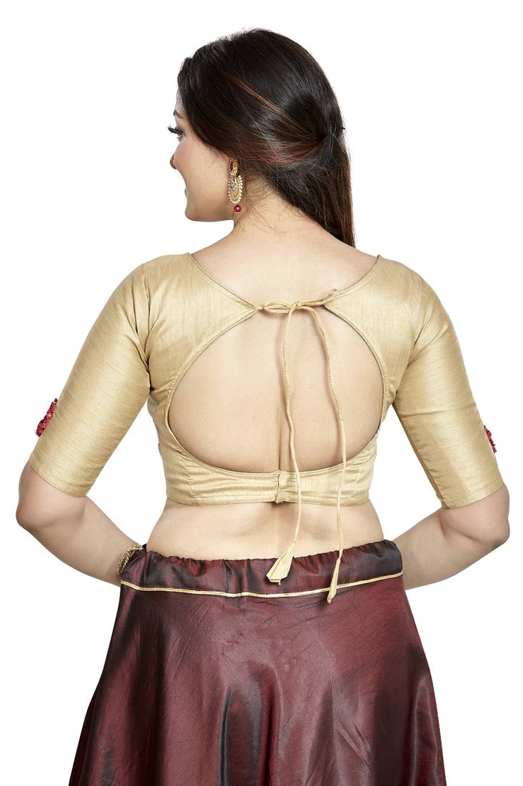 Chiku Art Silk Boat Neck Readymade Saree Blouse