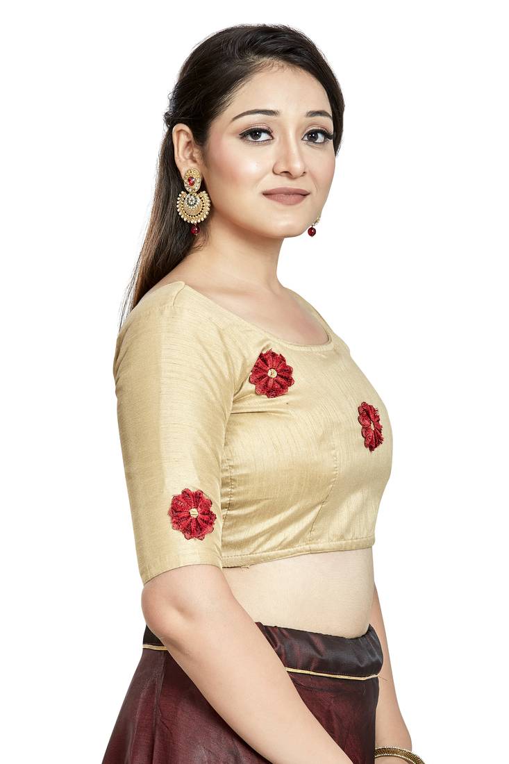 Chiku Art Silk Boat Neck Readymade Saree Blouse