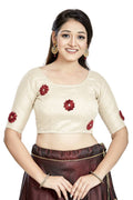 Off White Art Silk boat neck readymade saree blouse for women