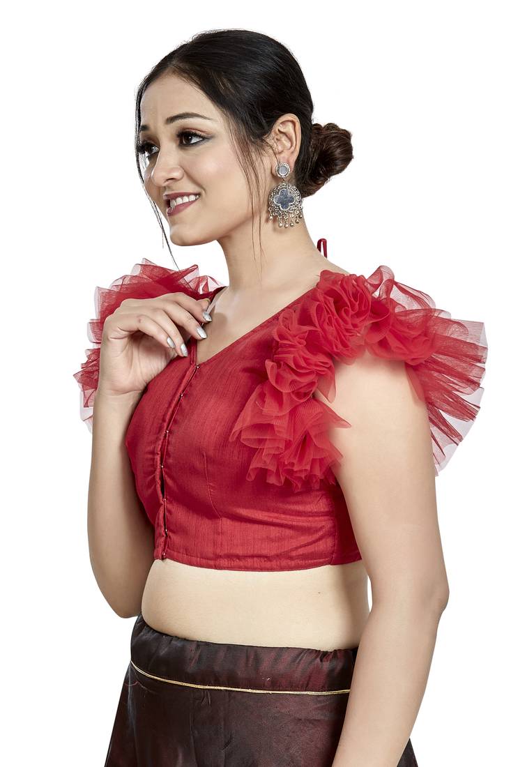 Red Art Silk V Neck Saree Blouse - Festive Ready to Wear