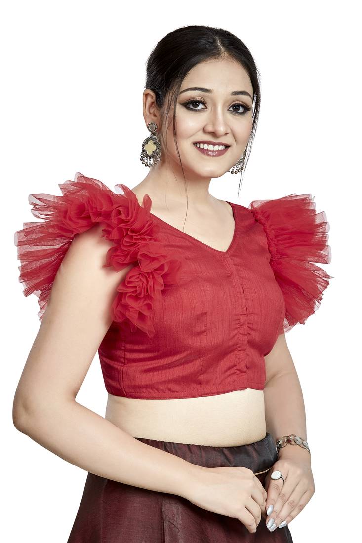 Red Art Silk V Neck Saree Blouse - Festive Ready to Wear