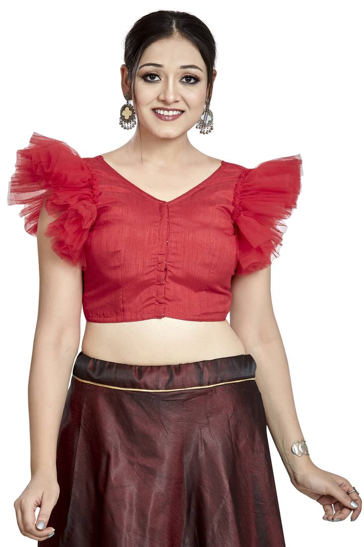 Red Art Silk V neck readymade saree blouse for festive wear