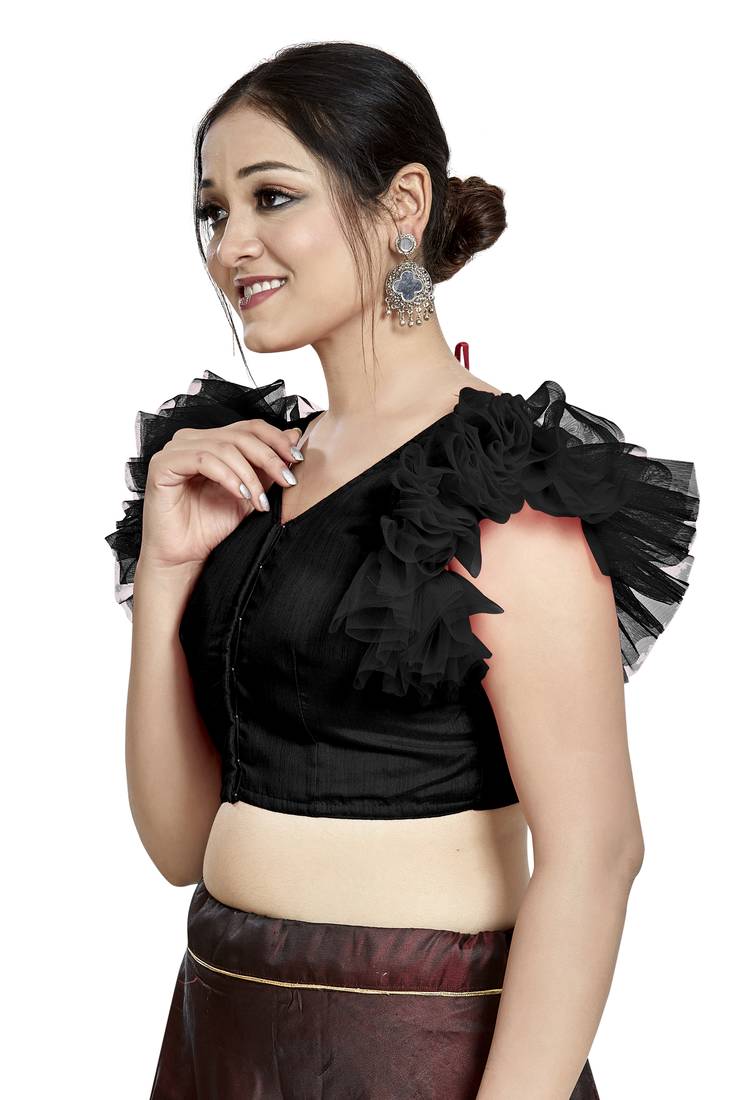 Black Art Silk V Neck Saree Blouse - Classic Ready to Wear
