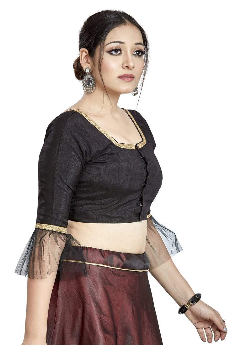 Black Art Silk Readymade Square Neck Blouse for Sarees