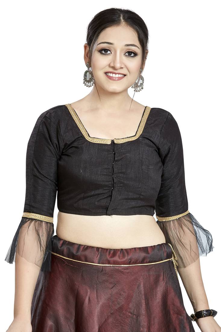 Black art silk readymade blouse with square neckline for ethnic sarees