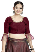 Maroon art silk blouse with square neck design, suitable for sarees