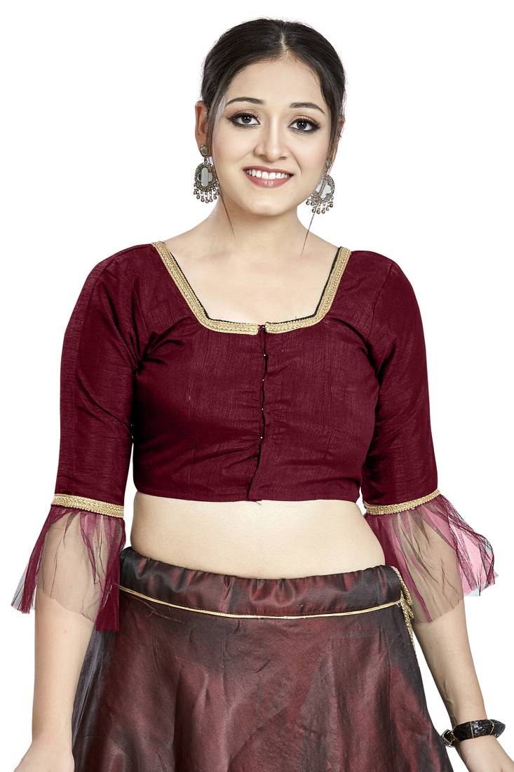 Maroon art silk blouse with square neck design, suitable for sarees