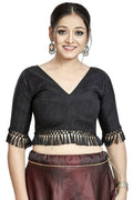 Black art silk V-neck blouse, readymade saree top for women