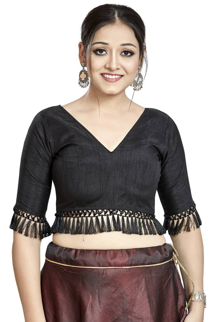 Black art silk V-neck blouse, readymade saree top for women