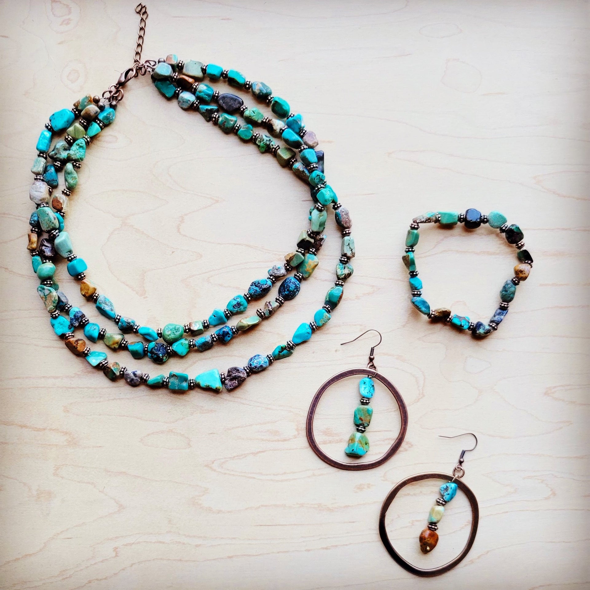 HuBei Turquoise and Copper Bead Hoop Earrings 224e